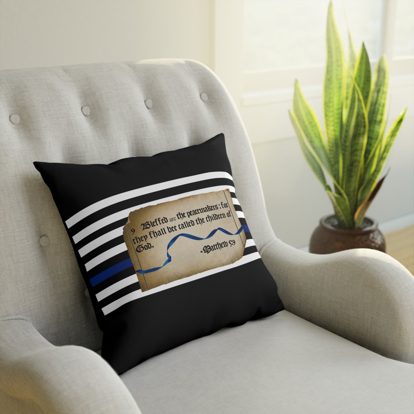 Matthew 5:9 Thin Blue Line - Black Pillow Cushion