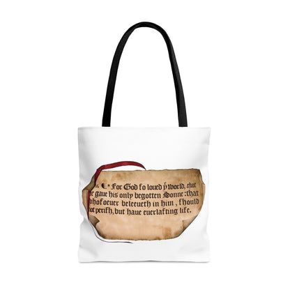 Large Tote Bag with 1611 KJV Bible Verse John 3:16 on Parchment with Red Ribbon