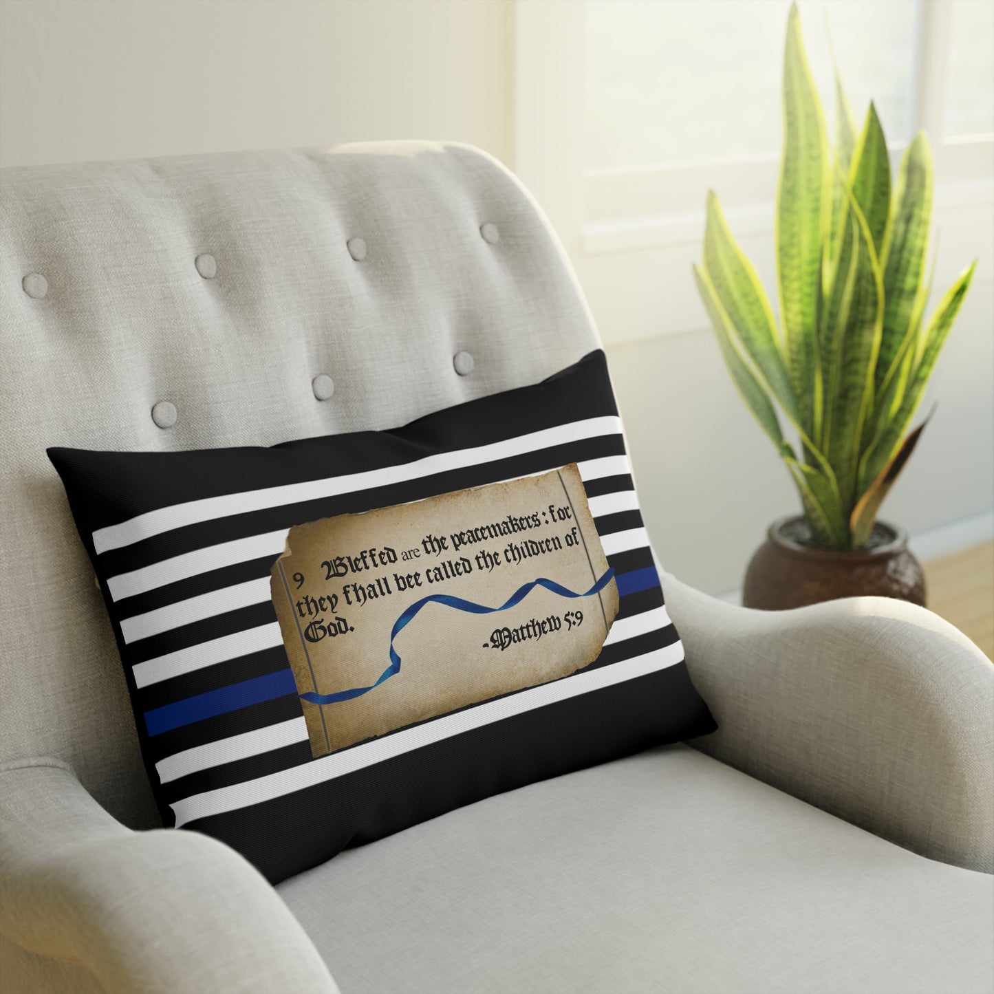 Matthew 5:9 Thin Blue Line - Black Pillow Cushion