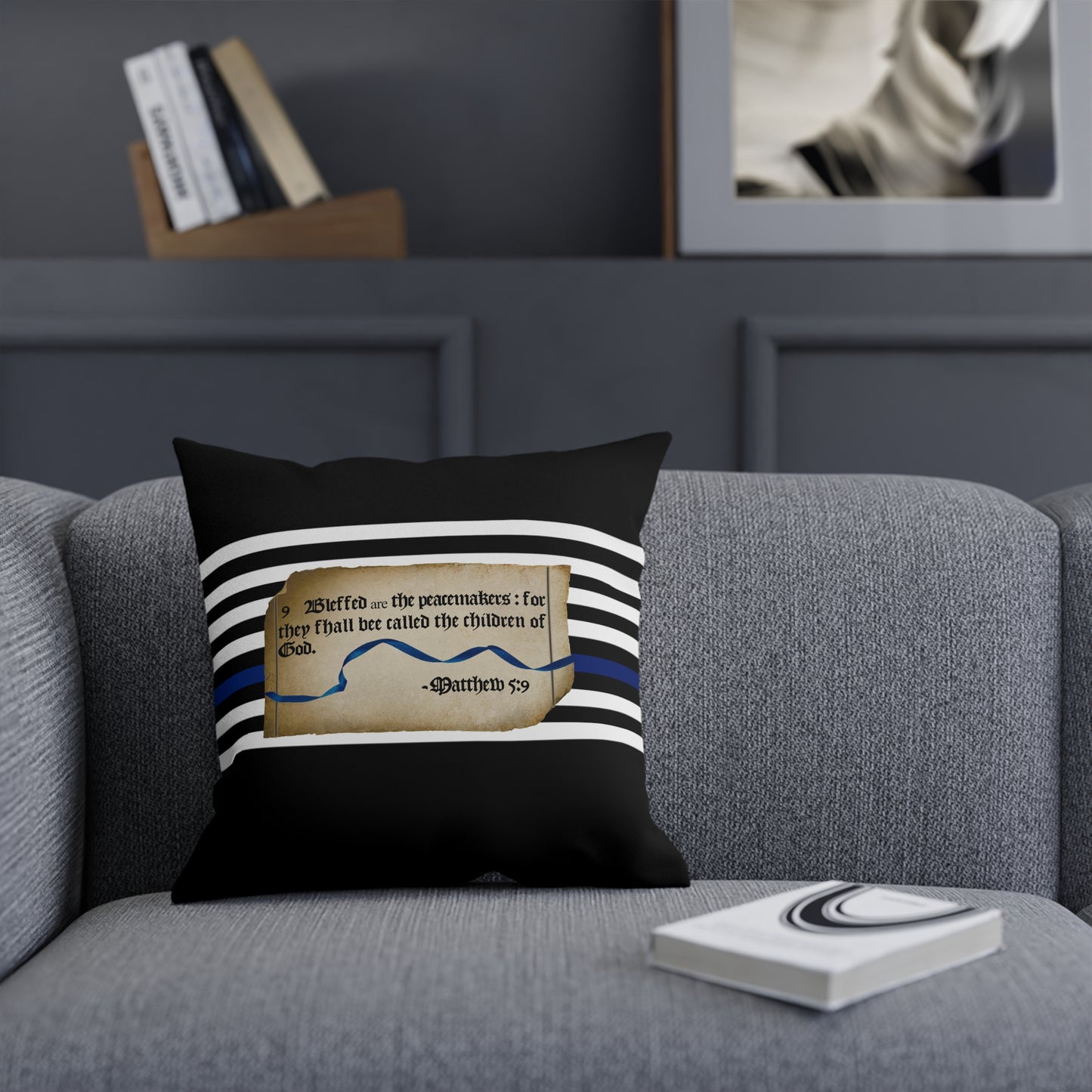 Matthew 5:9 Thin Blue Line - Black Pillow Cushion