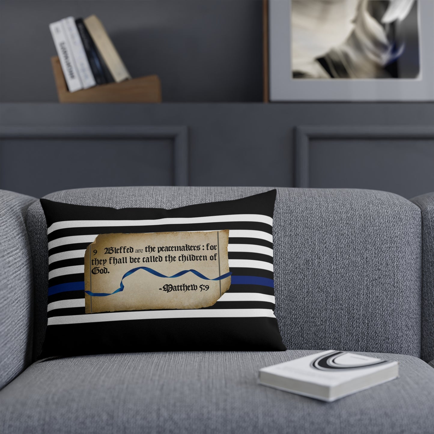 Matthew 5:9 Thin Blue Line - Black Pillow Cushion