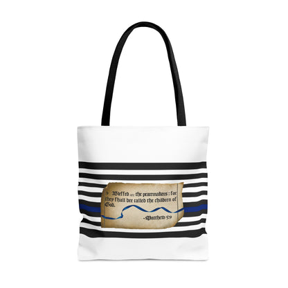 Large Tote Bag with 1611 KJV Bible Verse Matthew 5:9 on Parchment with Thin Blue Line stripes