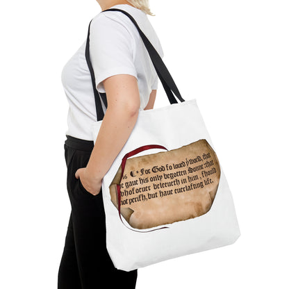 Large Tote Bag with 1611 KJV Bible Verse John 3:16 on Parchment with Red Ribbon