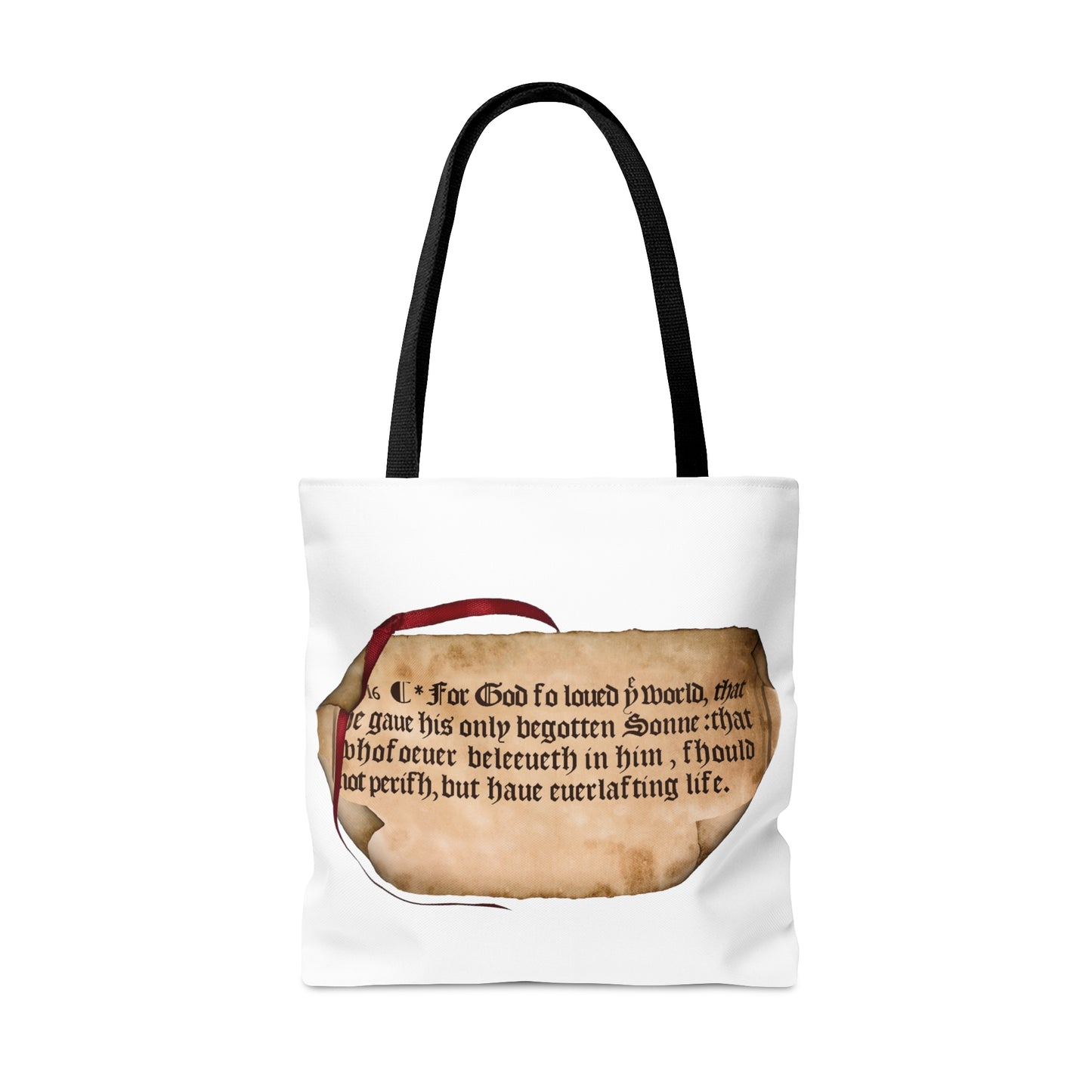 Large Tote Bag with 1611 KJV Bible Verse John 3:16 on Parchment with Red Ribbon